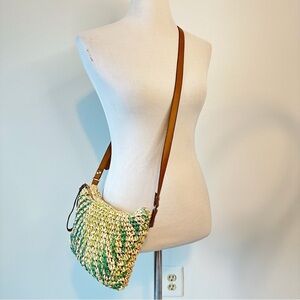 INC Paper Woven Straw Botanical Crossbody Bag Faux Leather Strap Cottagecore
